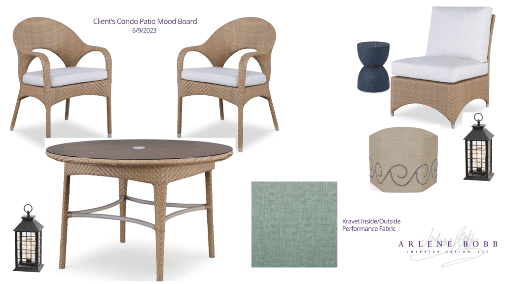 Mood board with different pieces of patio furniture, by Arlene Bobb Interior Design.